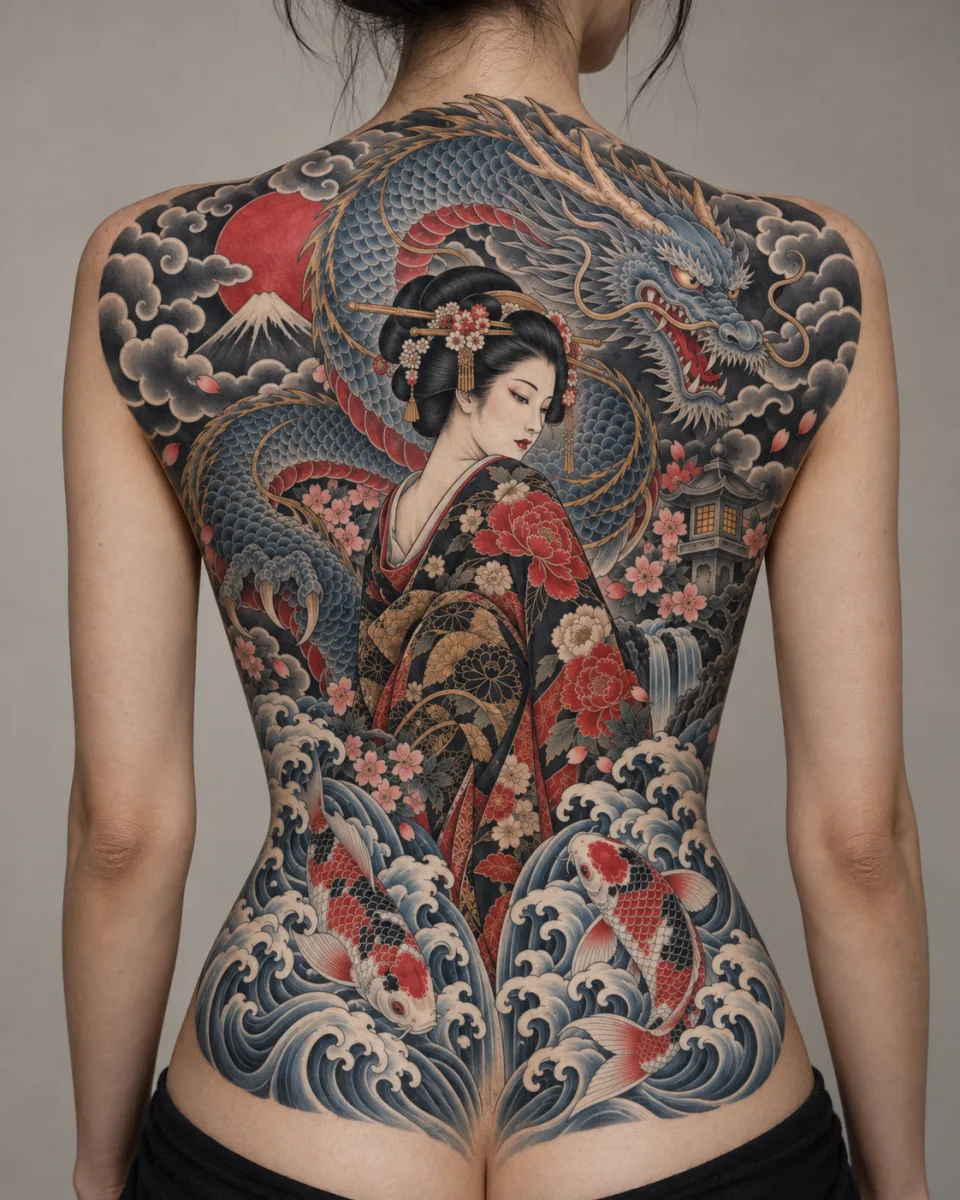 flash dos complet Geisha et dragon — simulation sur peau