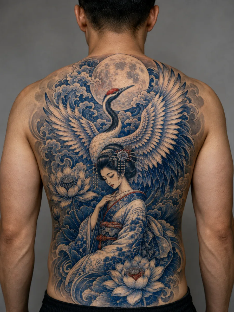 Grue et Geisha - Flash dos complet japonais — simulation sur peau