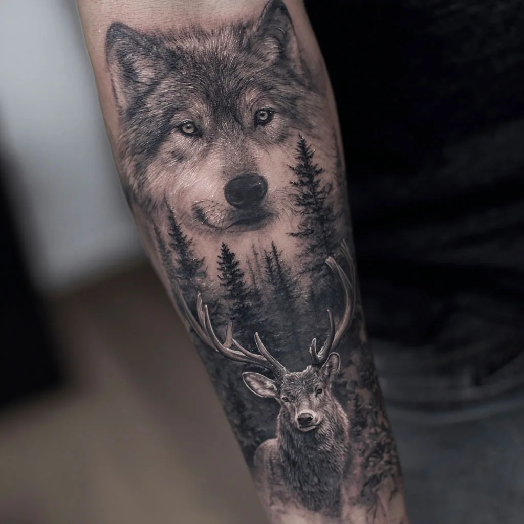 Loup et cerf — simulation sur peau