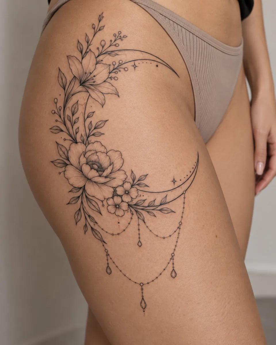Croissant de lune et fleurs — simulation sur peau