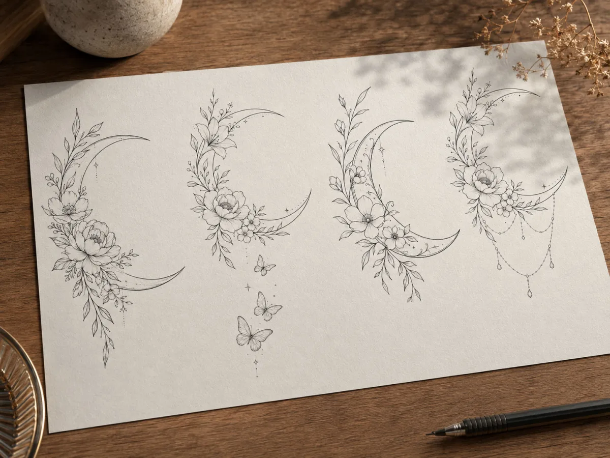 Croissant de lune et fleurs — simulation sur peau