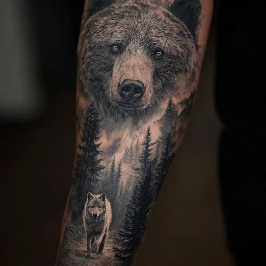 Ours et loup — simulation sur peau