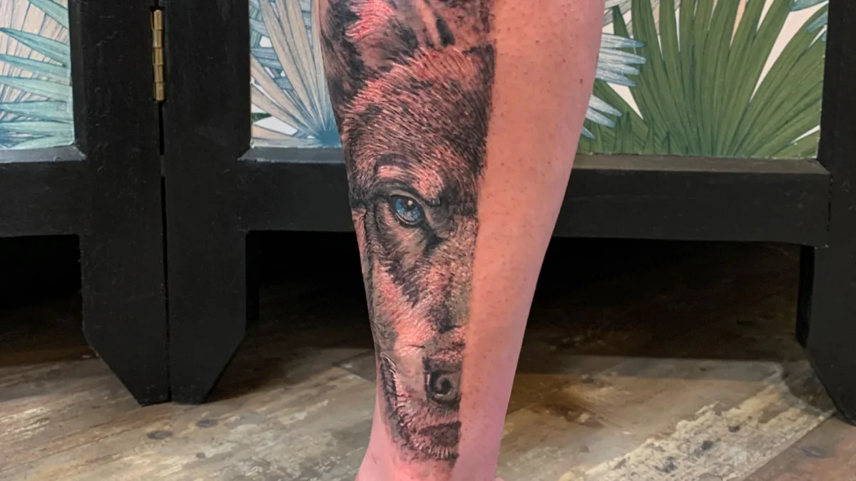 Demi portrait de loup en tatouage réaliste